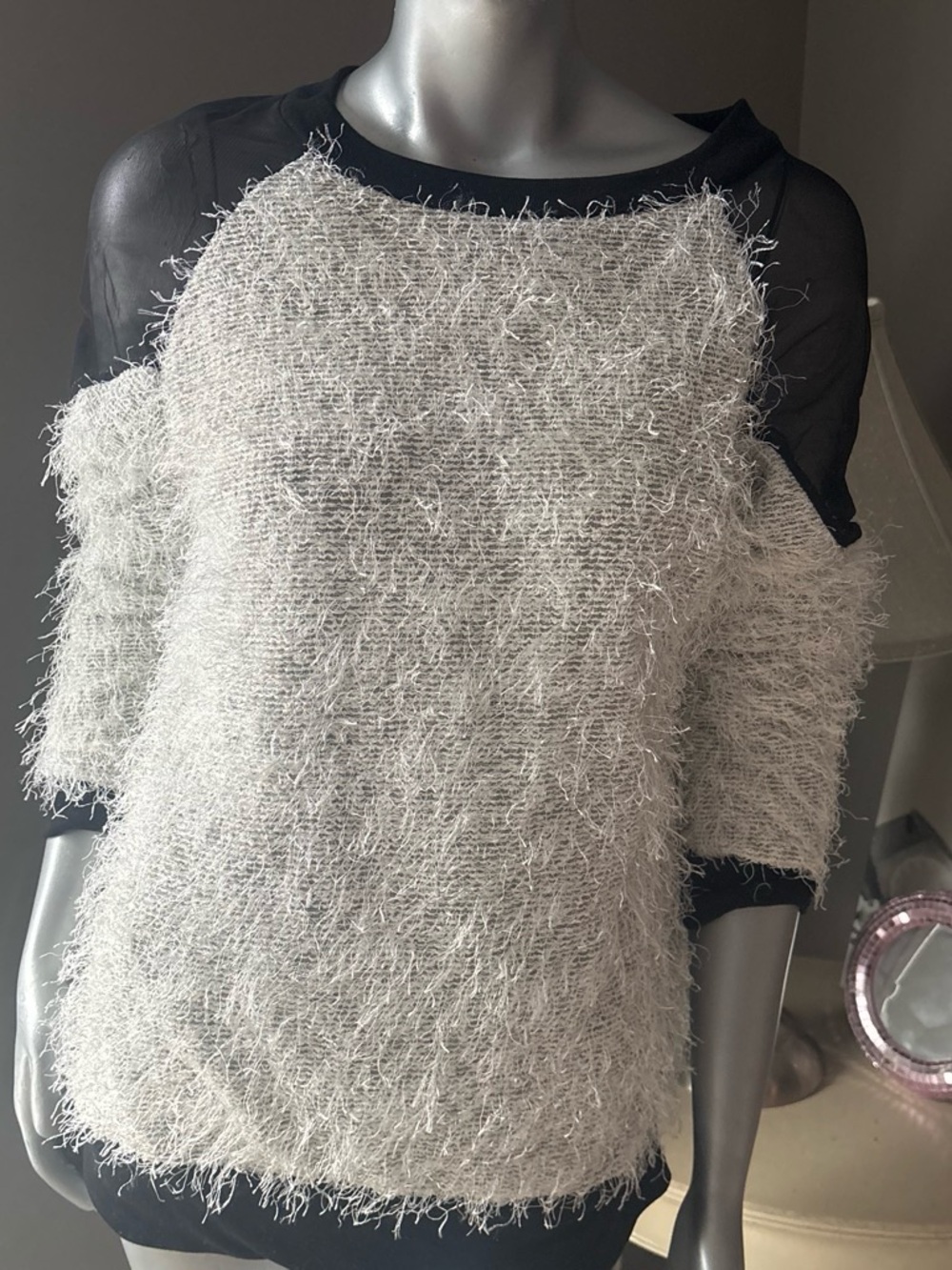 Faux-Fur Textured Raglan Sweater Top in Light Gray